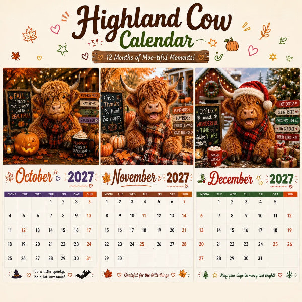 ⏳LAST DAY SALE ONLY ￡7.99!!🔥2027 Funny Highland Cow Wall Calendar | A4 Hanging Calendar | Designed by Isabel Kline