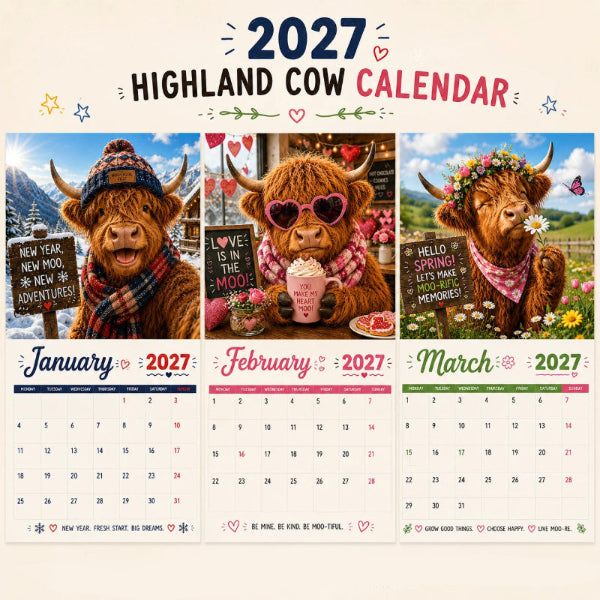 ⏳LAST DAY SALE ONLY ￡7.99!!🔥2027 Funny Highland Cow Wall Calendar | A4 Hanging Calendar | Designed by Isabel Kline