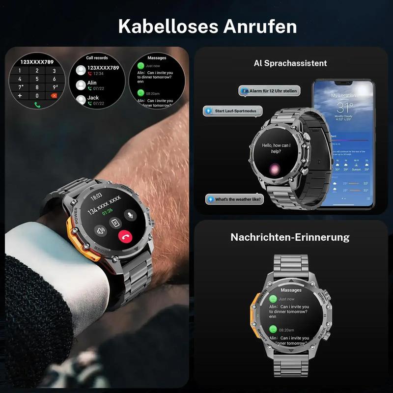 ⌚1.52" HD smartwatch for men – Phone calls and music control – Multiple sports modes – IP68 waterproof – Long battery life – Fitness watch for Android and iPhone