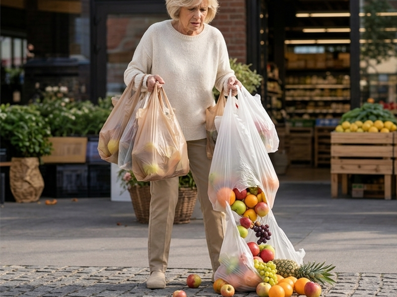 Before carrying groceries with the rolling tote