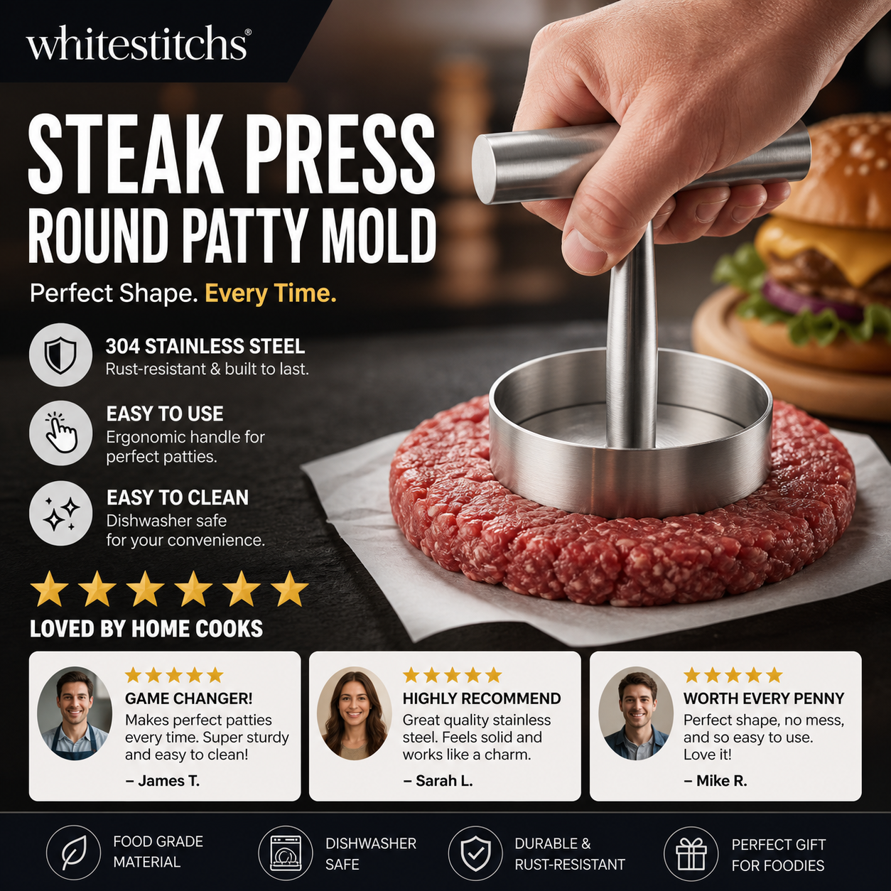 🔥50% OFF!🥩Steak Press Round Patty Mold | Food‑Grade 304 Stainless Steel Burger Patty Maker