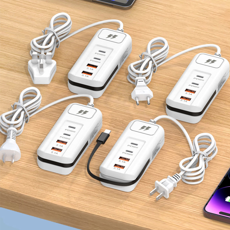 ⚡ 50% OFF – Multi-Function Fast Charger 2PD + 2USB! 🔌📱 66W, Built-in Type-C Cable, Safely Charges 4 Devices Simultaneously