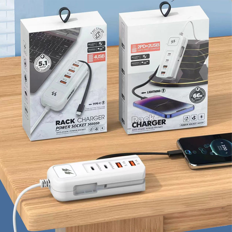⚡ 50% OFF – Multi-Function Fast Charger 2PD + 2USB! 🔌📱 66W, Built-in Type-C Cable, Safely Charges 4 Devices Simultaneously