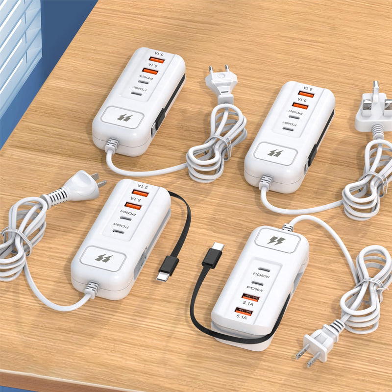 ⚡ 50% OFF – Multi-Function Fast Charger 2PD + 2USB! 🔌📱 66W, Built-in Type-C Cable, Safely Charges 4 Devices Simultaneously