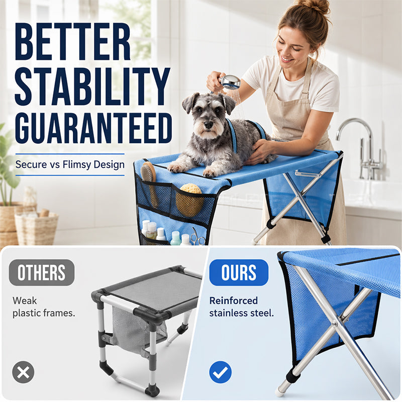 🐾50% OFF NOW ! ✂️2-in-1 Foldable Pet Grooming Bed – Breathable Mesh Cat & Dog Bathing Station with Storage Pockets, Home Pet Grooming Table