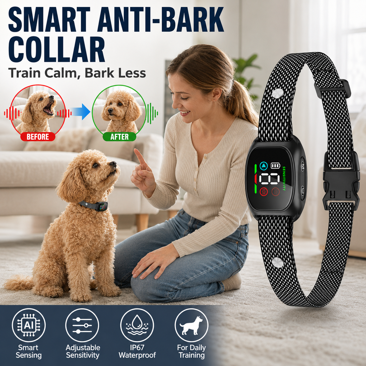 🛡️🐾 52% OFF! Anti Bark Collar – Smart anti‑false triggering filters out other barks. IP67 waterproof & USB rechargeable – worry‑free training anywhere! 💦✅