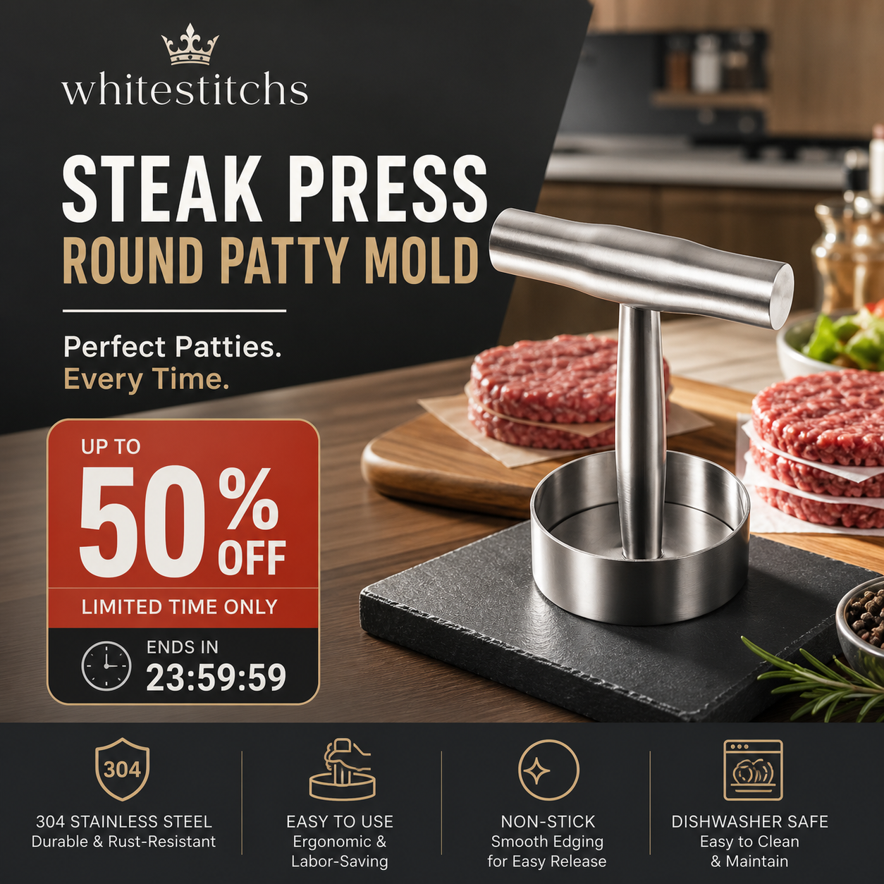 🔥50% OFF!🥩Steak Press Round Patty Mold | Food‑Grade 304 Stainless Steel Burger Patty Maker